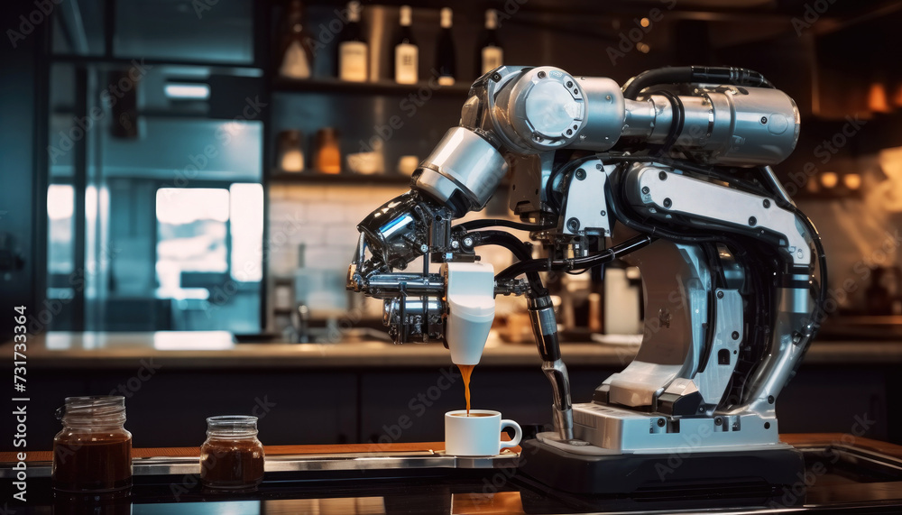 Fototapeta premium Robot arm serving hot coffee latte in a coffee shop