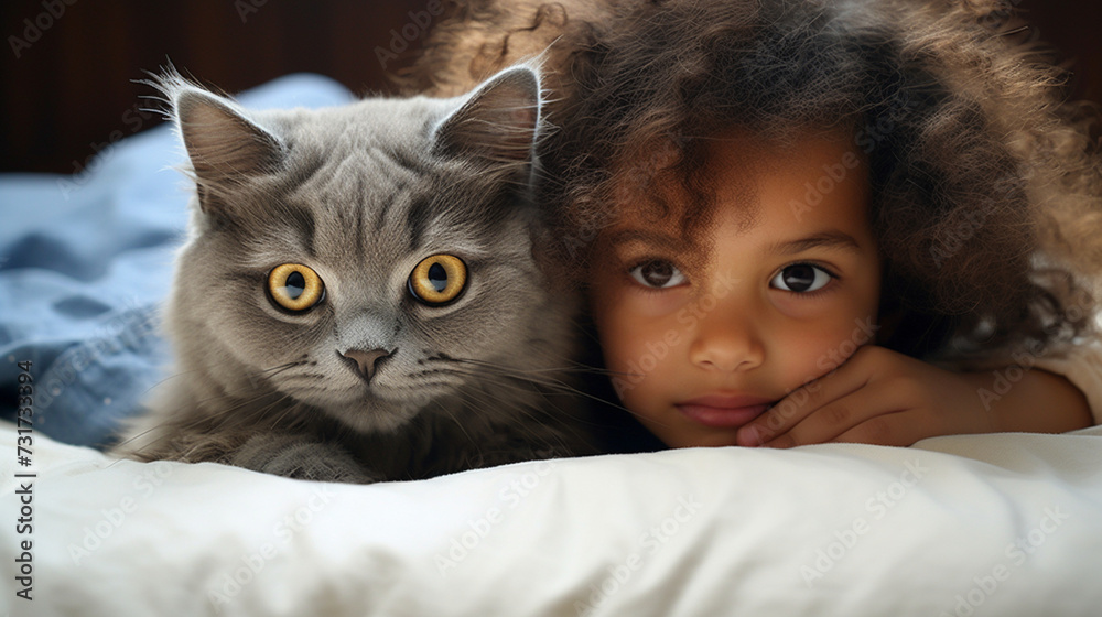 Small child lies on a bed with a cat. Kitten and baby childhood friendship. Baby and cat. Child and Kitten lying together on the bed Small child lies on a bed with a cat. Kitten and baby childhood friendship. Baby and cat. Child and Kitten lying together on the bed