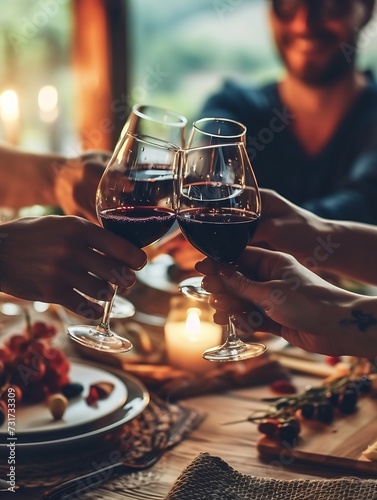 Young people toasting red wine glasses at farm house vineyard countryside - Happy friends enjoying happy hour at winery bar restaurant - Life style concept with guys and girls eating a : Generative AI photo