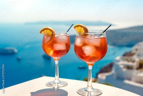 Two glasses with alcohol drinks against blue sky. cocktail on the beach. Travel and summer vacation, travel, relax concept