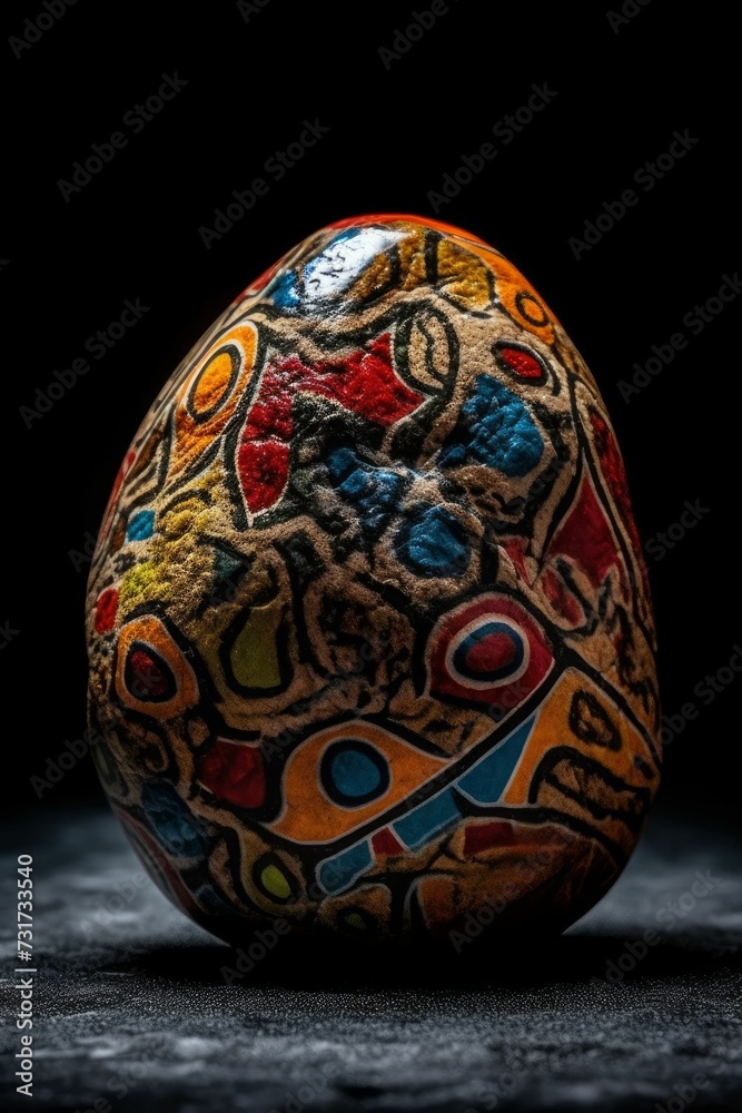 AI-generated illustration of a uniquely crafted rock with colorful design on a black background AI-generated illustration of a uniquely crafted rock with colorful design on a black background