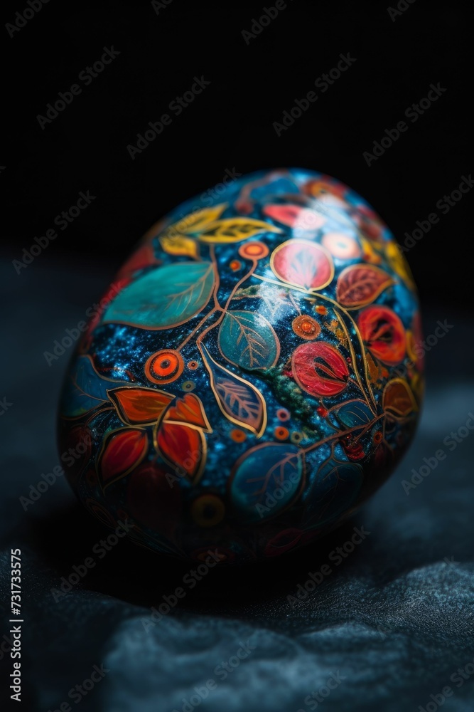 AI-generated illustration of a uniquely crafted rock with colorful design on a black background AI-generated illustration of a uniquely crafted rock with colorful design on a black background