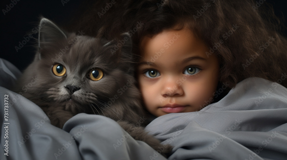 Small child lies on a bed with a cat. Kitten and baby childhood friendship. Baby and cat. Child and Kitten lying together on the bed
