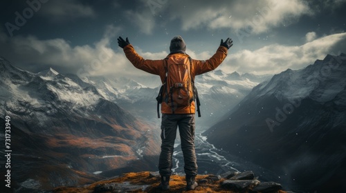 Man standing in a grassy field with arms raised to the sky in a gesture of joy