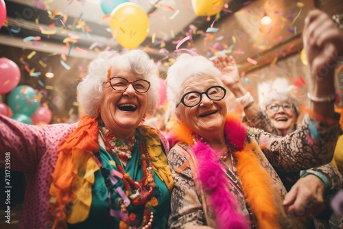 Two ecstatic senior women with Caucasian features, dressed in colorful attire, laugh heartily amidst a vibrant party atmosphere, surrounded by balloons and confetti