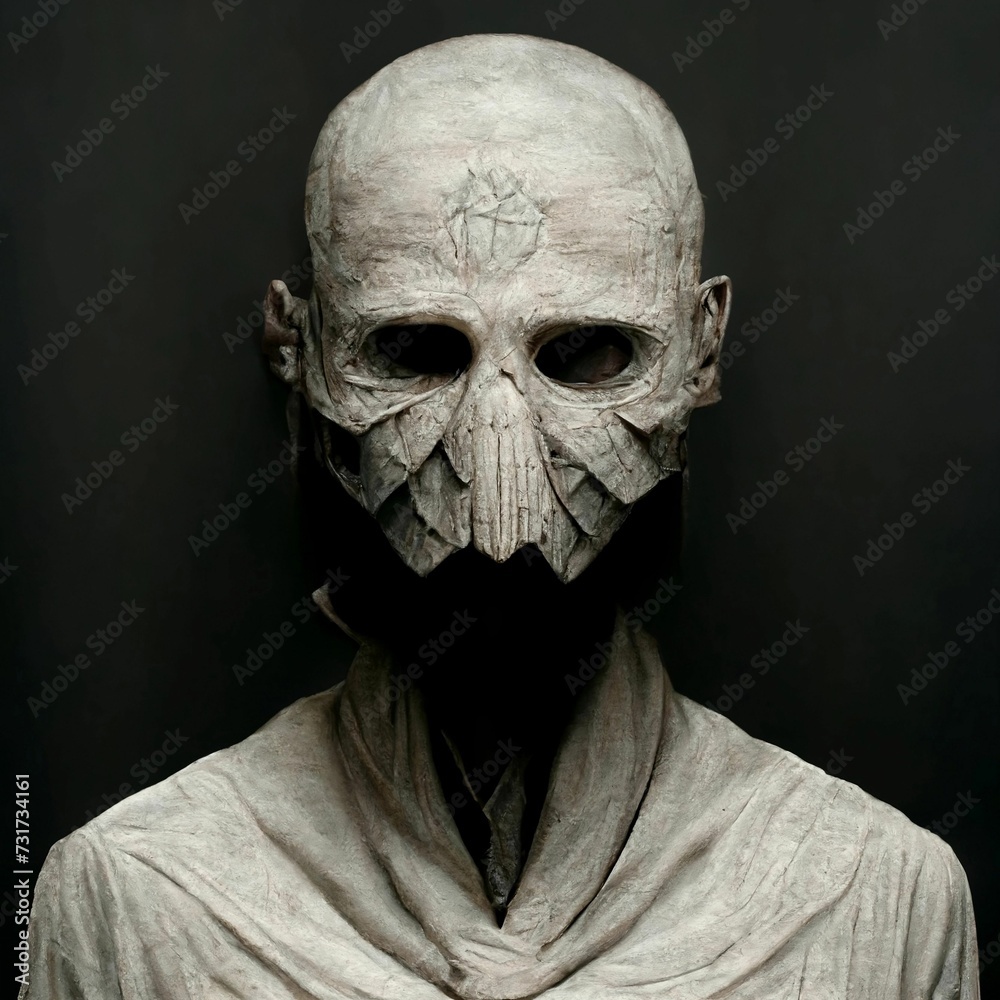 Hyperrealistic mural of a man's skull wearing a frostpunk themed tattoo mask, AI generated