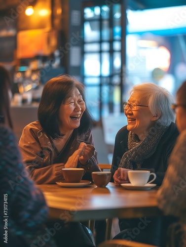 Coffee shop  funny and senior women talking  laughing and having friends reunion  retirement chat or social group. Restaurant  tea and elderly people in happy conversation for pension    Generative AI