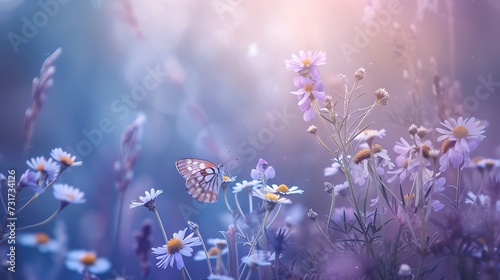 Beautiful wild flowers chamomile, purple wild peas, butterfly in morning haze in nature close-up macro. Landscape wide format, copy space, cool blue tones. Delightful pastoral airy art : Generative AI
