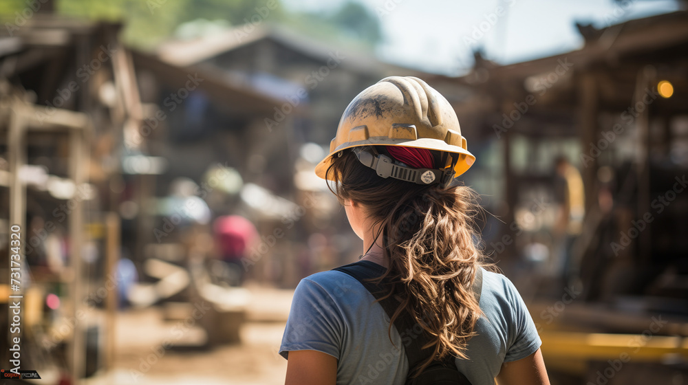 Professional builder working on a construction site, seen up close and from behind. Professional builder working on a construction site, seen up close and from behind.