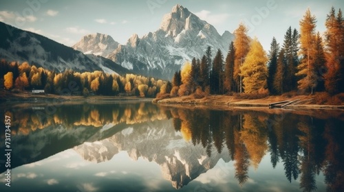 AI generated illustration of A tranquil lake situated in a landscape majestic mountain peaks