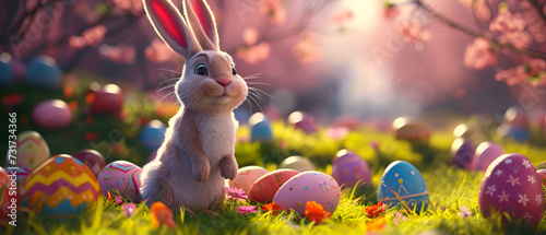 Cinematic scene with bunny and easter eggs.