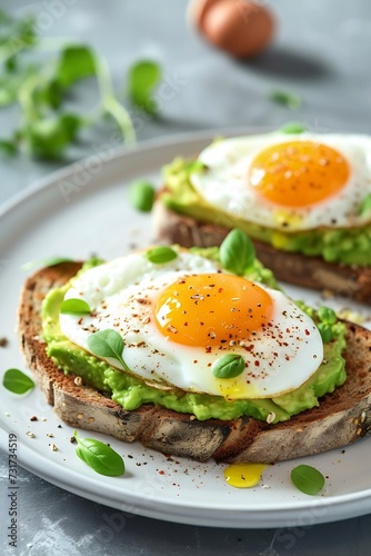 Avocado Egg Toast, Eggs on Toasted Bread with Avocado, Healthy Snack or Breakfast on Bright Background : Generative AI