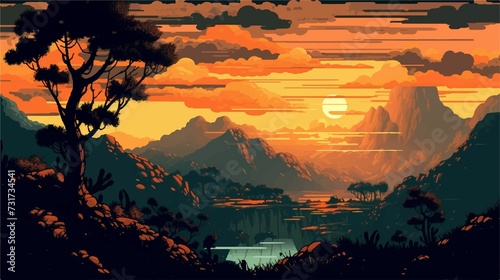AI-generated illustration of a sunset scene with silhouetted trees and mountains in the background.