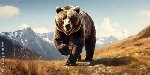 Mountains beautiful bear standing brown sarkundy large brown bear sunreas mountains background
