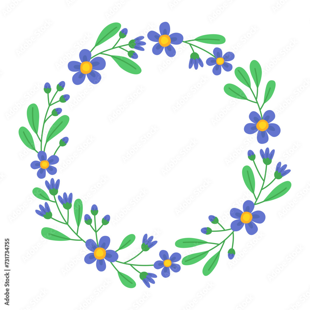 Floral round frame with blue flowers, buds and green leaves. Botanical decor for design, card. Spring wreath. Design for 8 march, easter. Meadow flowers, wild plants. 