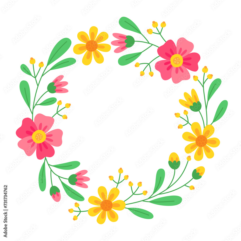 Floral round frame with yellow and pink flowers, buds, red berries and green leaves. Cute spring wreath. Meadow flowers, wild plants. Botanical decor for design, card. Design for 8 march, easter. 