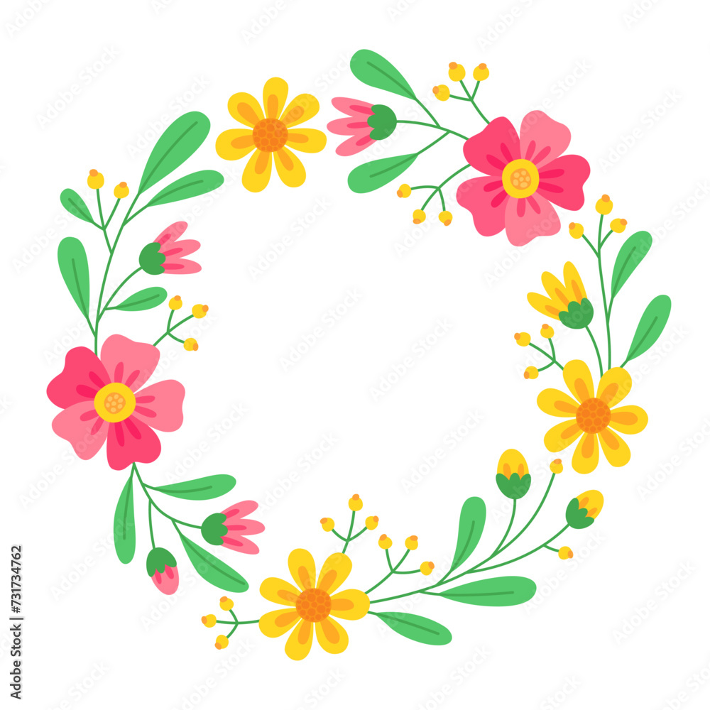 Floral round frame with yellow and pink flowers, buds, red berries and green leaves. Cute spring wreath. Meadow flowers, wild plants. Botanical decor for design, card. Design for 8 march, easter. Floral round frame with yellow and pink flowers, buds, red berries and green leaves. Cute spring wreath. Meadow flowers, wild plants. Botanical decor for design, card. Design for 8 march, easter.