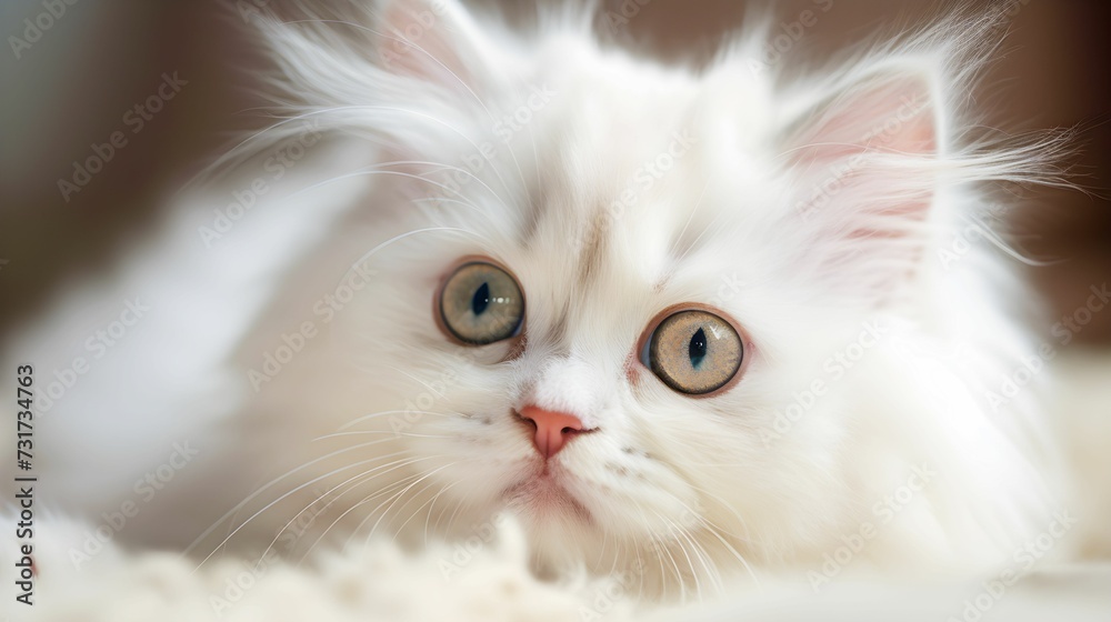 AI-generated illustration of a cute fluffy white kitten lounging on a soft blanket.