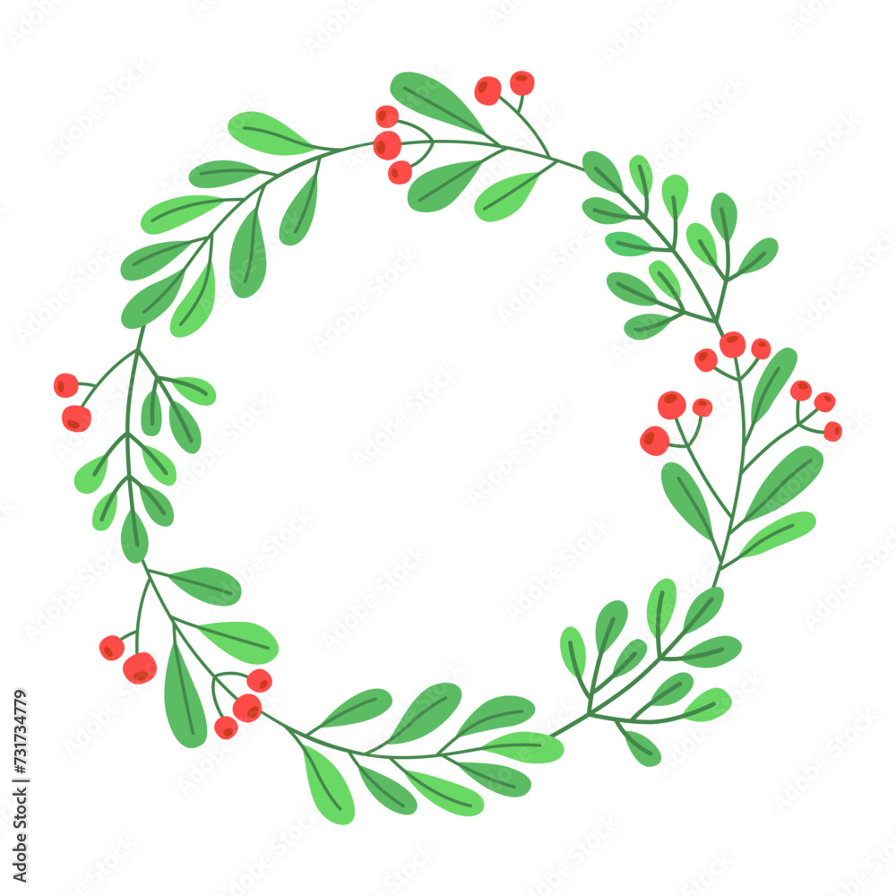 Floral round frame with red berries and green leaves. Cute spring wreath. Wild plants. Botanical decor for design, card. Design for 8 march, easter. Floral round frame with red berries and green leaves. Cute spring wreath. Wild plants. Botanical decor for design, card. Design for 8 march, easter.