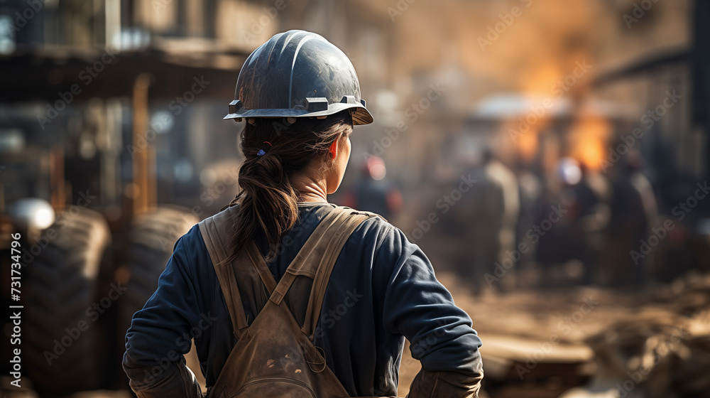 Professional builder working on a construction site, seen up close and from behind.