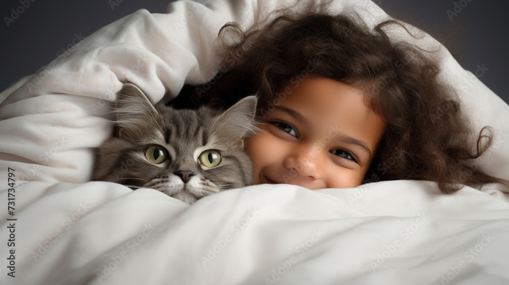 Small child lies on a bed with a cat. Kitten and baby childhood friendship. Baby and cat. Child and Kitten lying together on the bed Small child lies on a bed with a cat. Kitten and baby childhood friendship. Baby and cat. Child and Kitten lying together on the bed