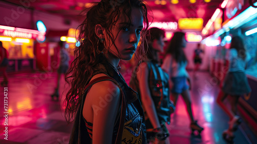 Neon Nostalgia: A Group of Friends Decked Out in 80s Fashion, Gliding Across the Floor on Roller Skates in a Neon-Lit Retro Arcade, Recreating the Vibrant Energy and Timeless Fun of an Era Gone By © Lila Patel