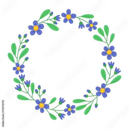 Floral round frame with blue flowers  buds and green leaves. Botanical decor for design  card. Spring wreath. Design for 8 march  easter. Meadow flowers  wild plants. 