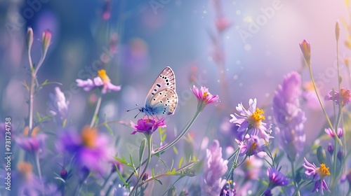 Beautiful wild flowers chamomile, purple wild peas, butterfly in morning haze in nature close-up macro. Landscape wide format, copy space, cool blue tones. Delightful pastoral airy art : Generative AI © Generative AI