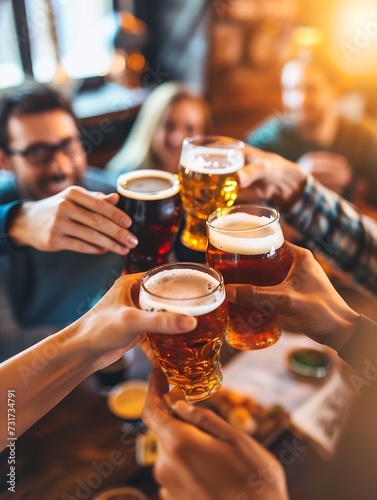 Group of friends drinking and toasting glass of beer at brewery pub restaurant- Happy multiracial people enjoying happy hour with pint sitting at bar table- Youth Food and beverage lif   Generative AI
