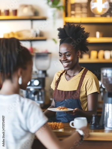 Happy woman  barista and serving customer at cafe for service  payment or order on counter at coffee shop. African person  waitress or employee in small business restaurant helping cli   Generative AI