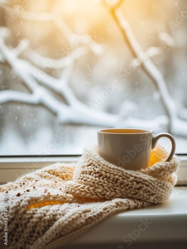 A cup of hot tea warmed in the knitted scarf is on the windowsill against the winter window : Generative AI