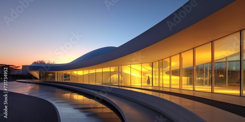 AI generated illustration of a modern building on the background of sunset © Wirestock