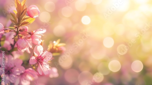 Spring border or background art with pink blossom. Beautiful nature scene with blooming tree and sun flare. Easter Sunny day. Spring flowers. Beautiful Orchard Abstract blurred backgro   Generative AI
