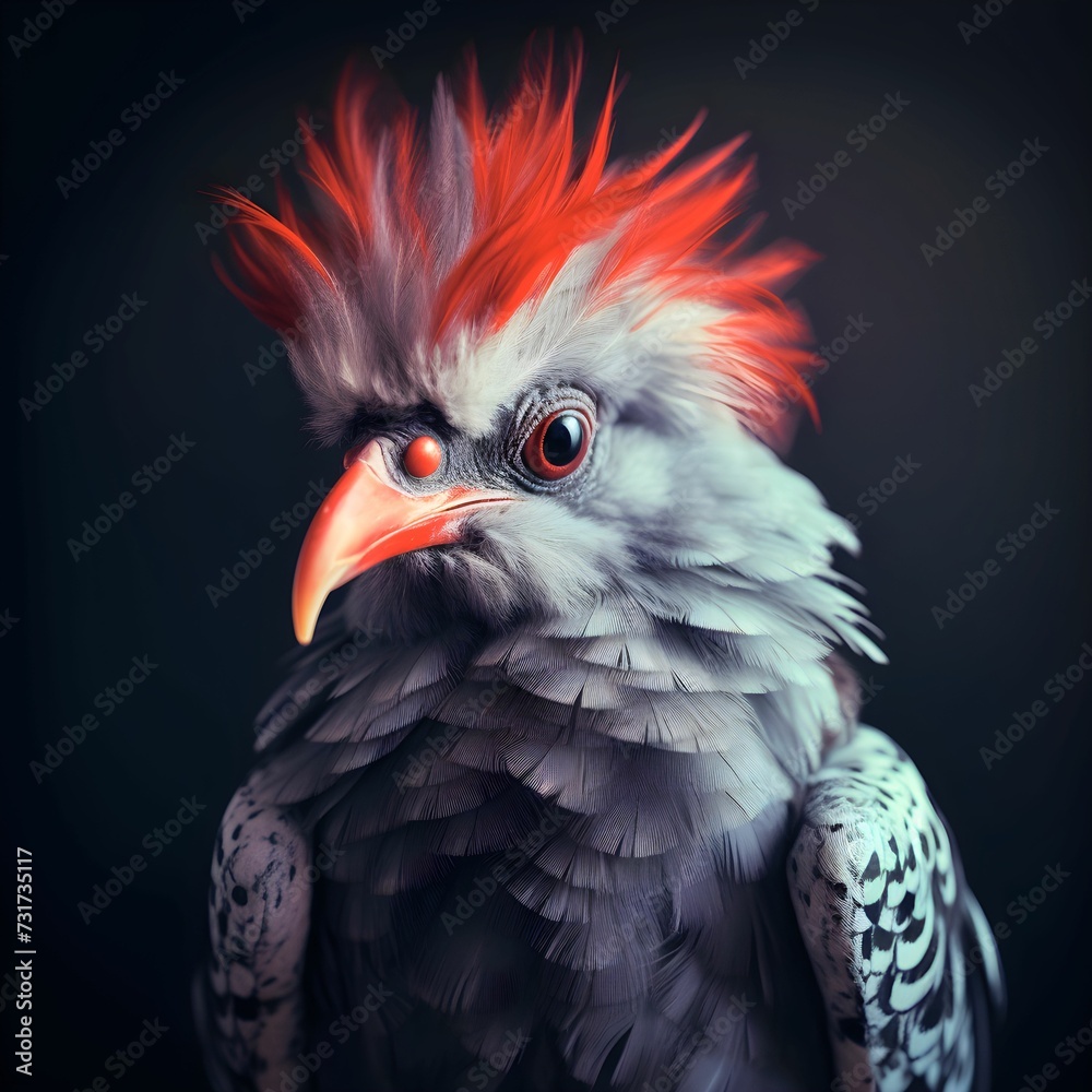 AI-generated illustration of a grey bird with a red mohawk against a dark background.