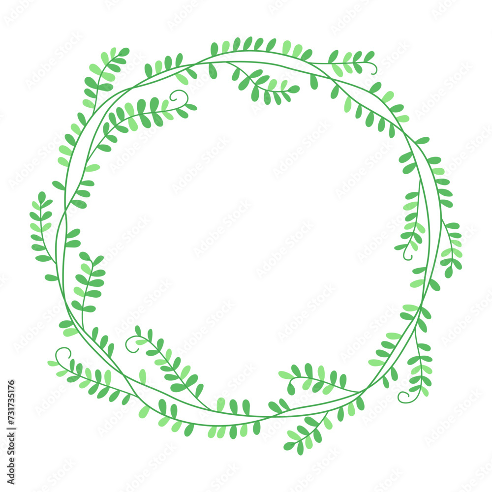 Floral round frame with small green leaves. Cute spring wreath. Botanical decor for design, card. Design for 8 march, easter. Bindweed. Floral round frame with small green leaves. Cute spring wreath. Botanical decor for design, card. Design for 8 march, easter. Bindweed.