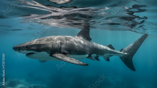 AI-generated illustration of a great white shark depicted in mid-swim. © Wirestock
