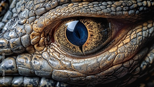 AI generated illustration of a close-up of the eye of a crocodile  showcasing its yellow iris