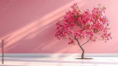 a tree with pink flowers on a pink background with a white floor.