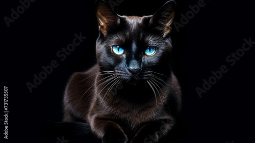 AI generated illustration of an adorable black cat looking into the camera with intense blue eyes photo