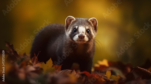 AI generated illustration of an American ferret in the middle of fallen autumn leaves