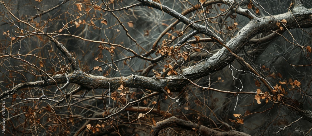 Late autumn's fragment of a tree, with dry twigs and leaves on branches, resembling a dead tree's texture.