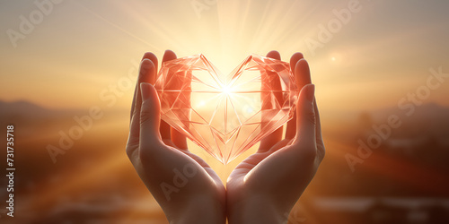 Glossy hort hand heart shape with sunset light beautiful  bright gold background illustration  photo