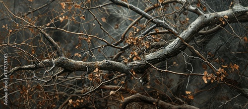 Late autumn's fragment of a tree, with dry twigs and leaves on branches, resembling a dead tree's texture.