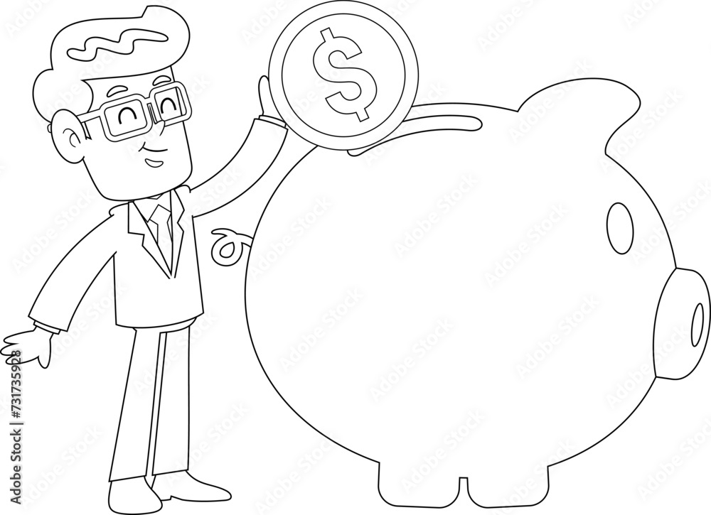 Outlined Businessman Cartoon Character Putting Coin In Piggy Bank. Vector Hand Drawn Illustration Isolated On Transparent Background Outlined Businessman Cartoon Character Putting Coin In Piggy Bank. Vector Hand Drawn Illustration Isolated On Transparent Background
