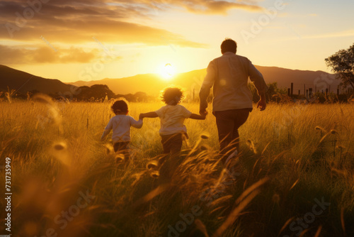 Happy family with two children holding hands of each other and running through wheat field at sunset © Ruslan Gilmanshin