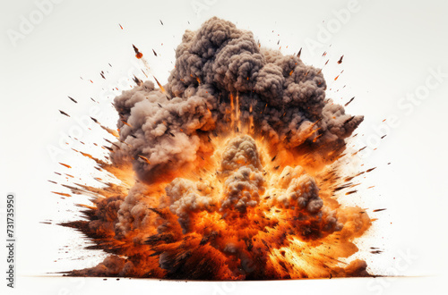 Extremely hot fiery explosion with sparks and smoke  against white background