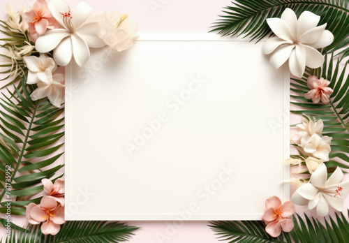 Blank paper card mockup with frame made of flowers. Festive floral composition with copy space on a pastel background © Ruslan Gilmanshin