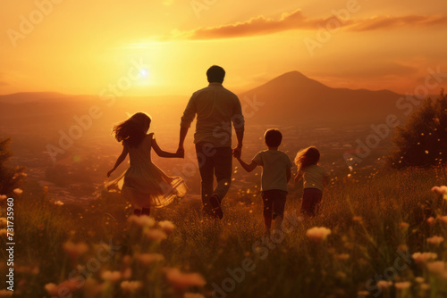Happy family with two children holding hands of each other and running through wheat field at sunset