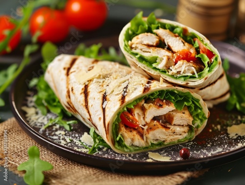 Roll with soft flatbread lavash sits on a dark plate, packed with fresh lettuce, tomatoes, and grilled chicken strips, symbolizing a concept of balanced diet and fast food made healthy