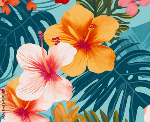 AI generated Tropical flowers and artistic palm leaves